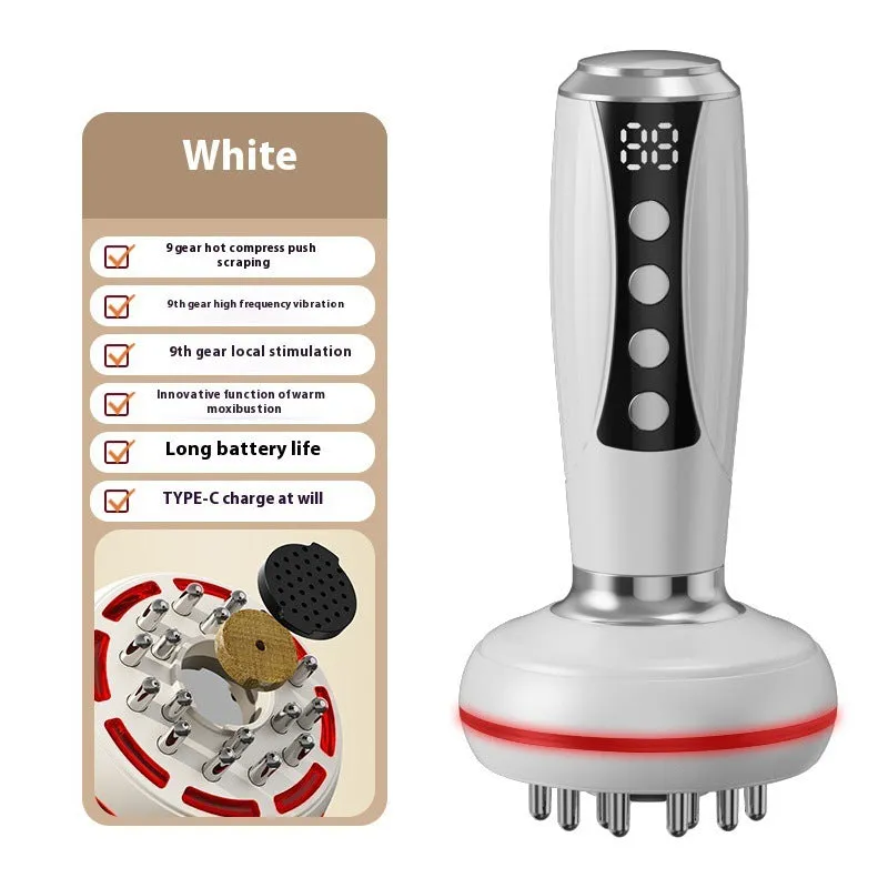 Electric full body heating massage instrument with meridian brush in white colour showing variable speed controls