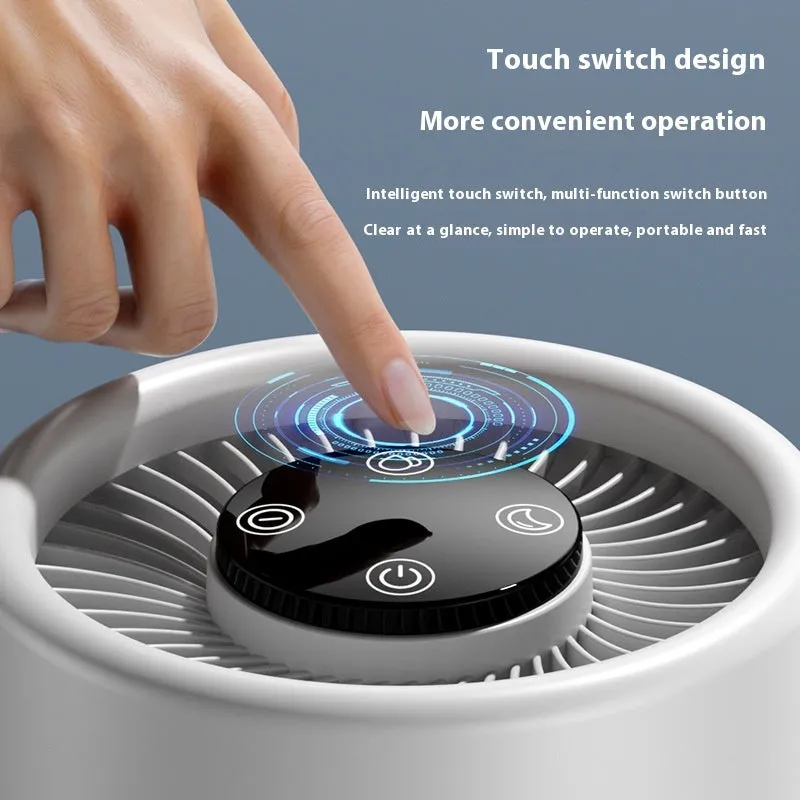 White desktop air purifier on a table with USB cable and aromatherapy tablets