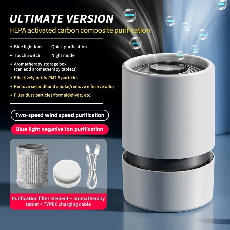 White desktop air purifier on a table with USB cable and aromatherapy tablets