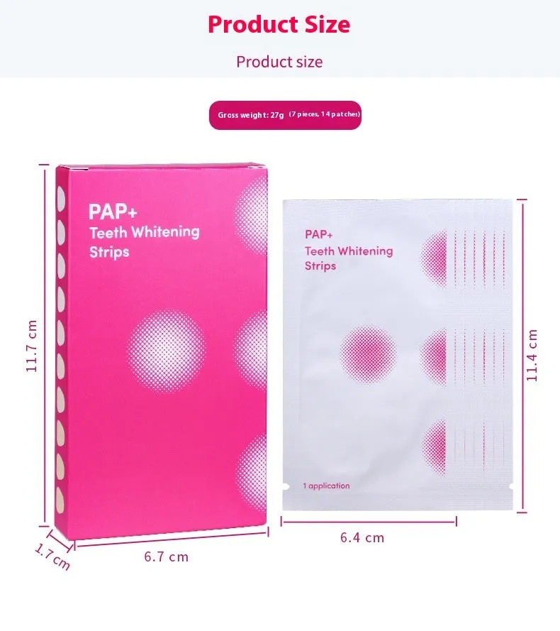 Box of teeth whitening patches with activated carbon and PAP in black packaging showing 7 pairs of stickers