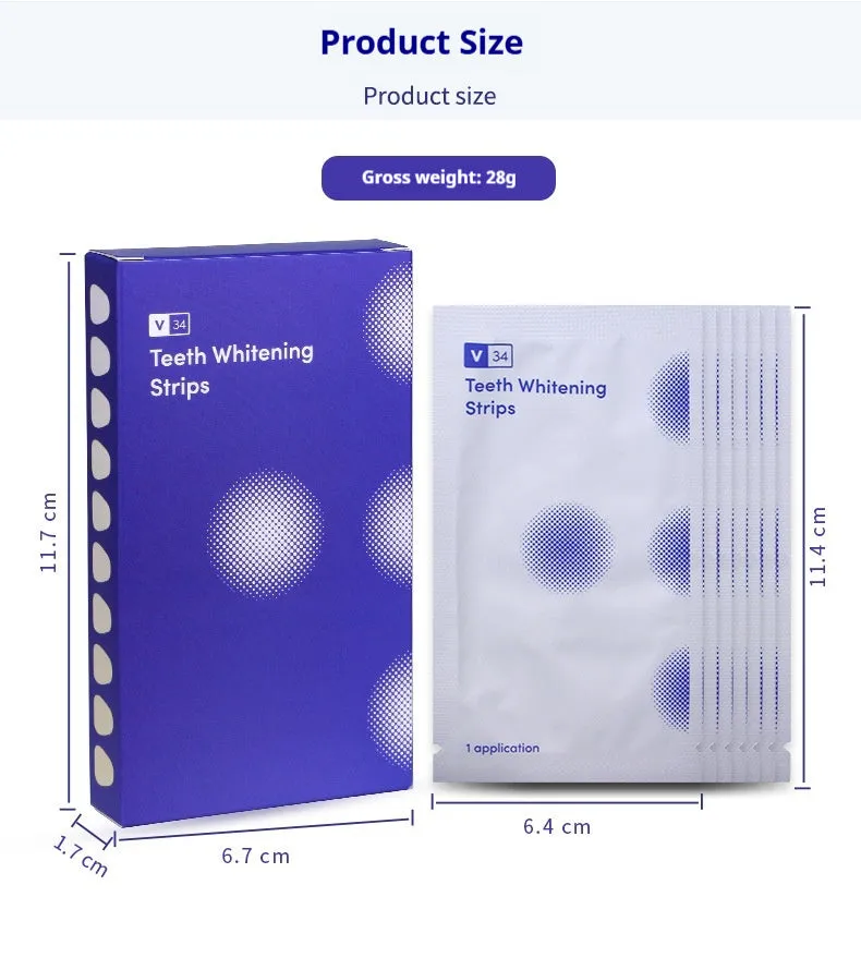 Box of teeth whitening patches with activated carbon and PAP in black packaging showing 7 pairs of stickers