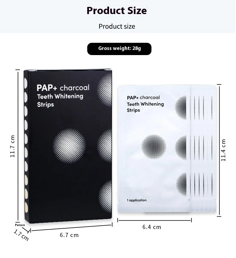 Box of teeth whitening patches with activated carbon and PAP in black packaging showing 7 pairs of stickers