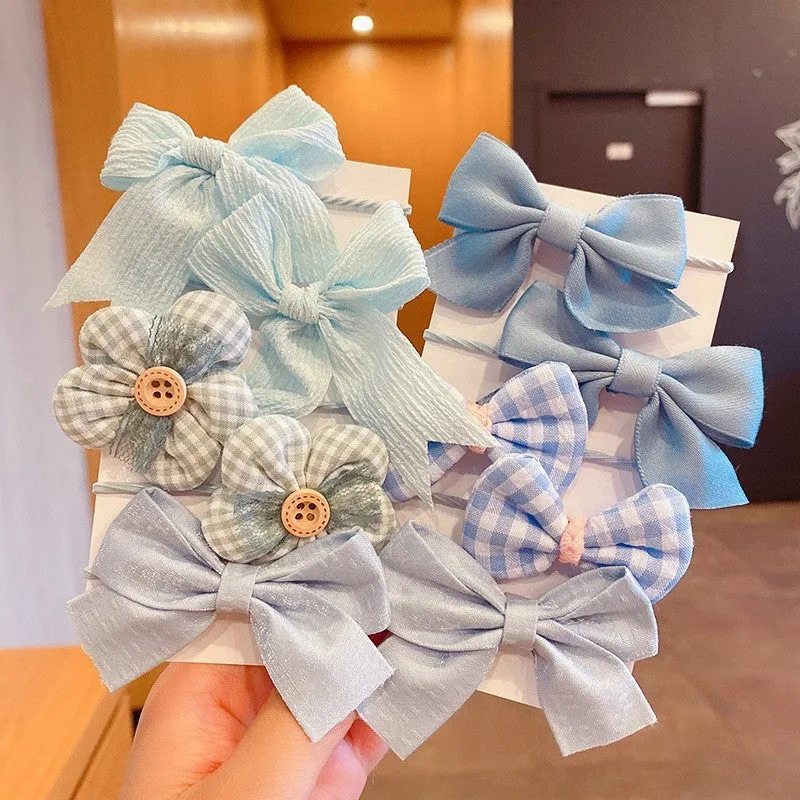 Girls' fabric hair bow set 10-piece simple bow flower pattern handmade children's hair accessory