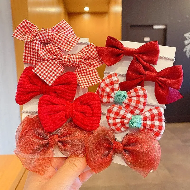 Girls' fabric hair bow set 10-piece simple bow flower pattern handmade children's hair accessory