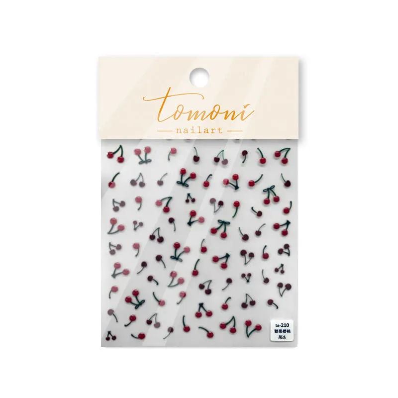 Jelly nail art sticker sheet with multiple cartoon cherry designs on a clear plastic backing