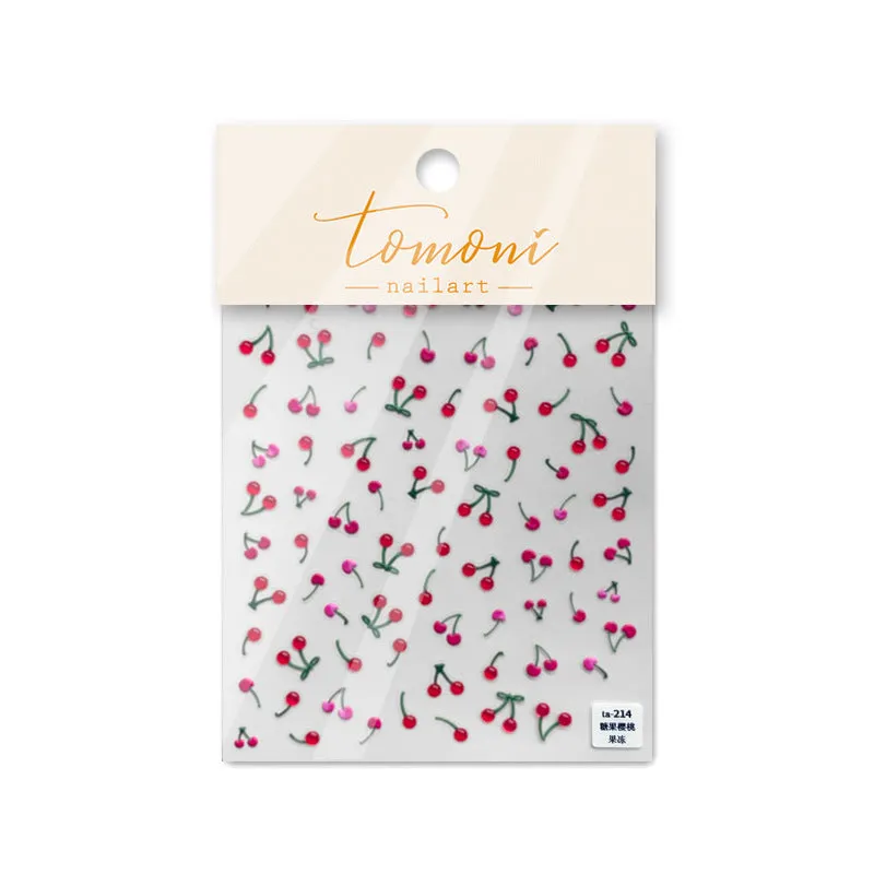 Jelly nail art sticker sheet with multiple cartoon cherry designs on a clear plastic backing
