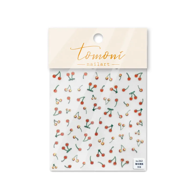 Jelly nail art sticker sheet with multiple cartoon cherry designs on a clear plastic backing