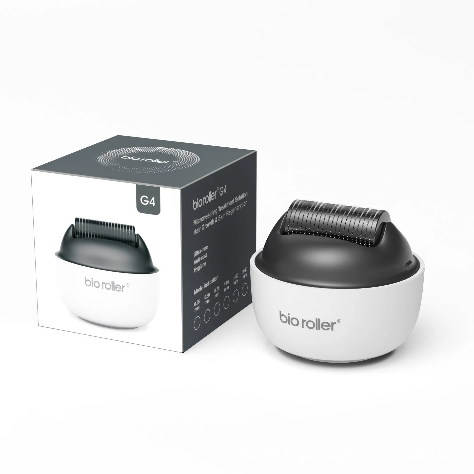 Men's G4 white portable beard derma roller with six microneedle length options on a clean surface