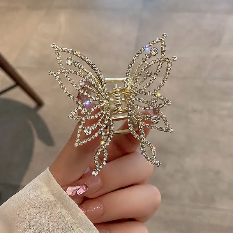 Butterfly-shaped alloy hair clip for women with rhinestone or pearl style decoration