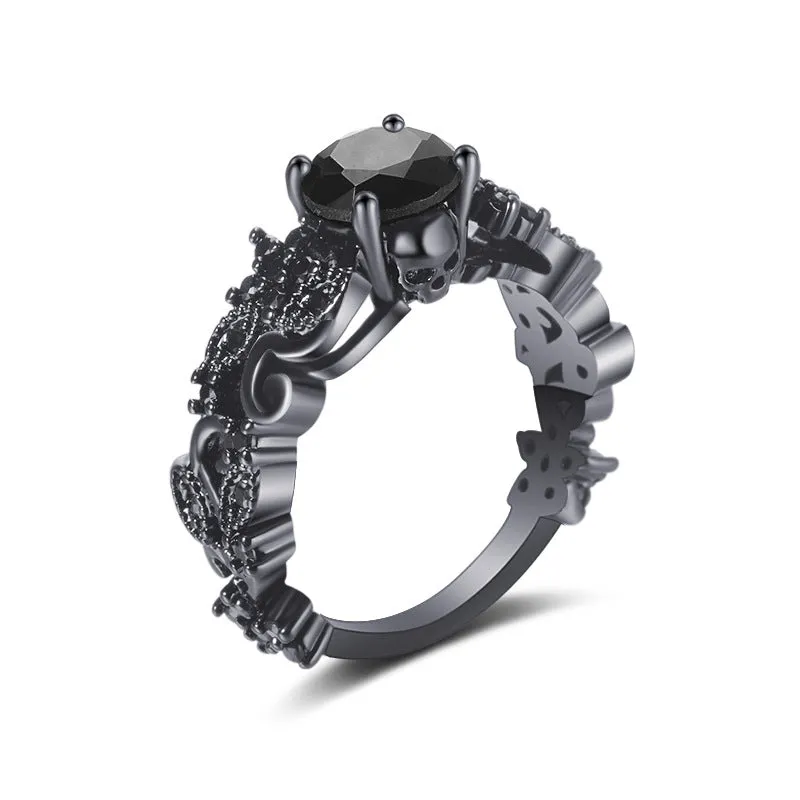 Unisex copper punk electroplated black gold ring with inlaid black zircon stone and olive branch motif on black background