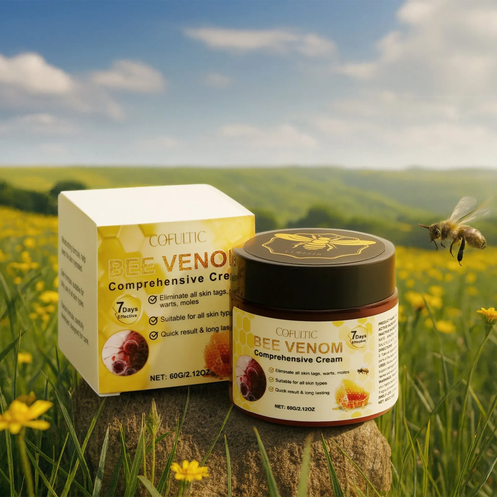 Cofutic 60g bee venom body cream in a small jar, gentle hydrating formula for daily use