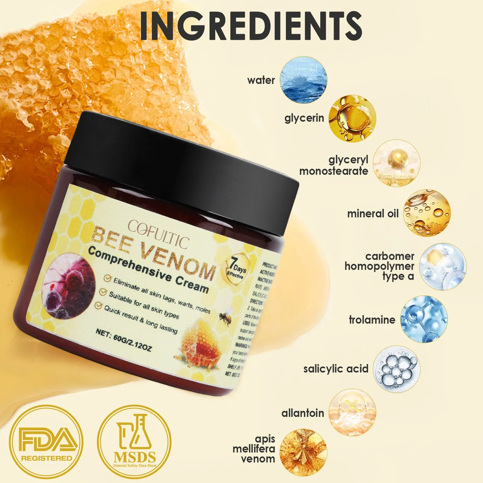 Cofutic 60g bee venom body cream in a small jar, gentle hydrating formula for daily use