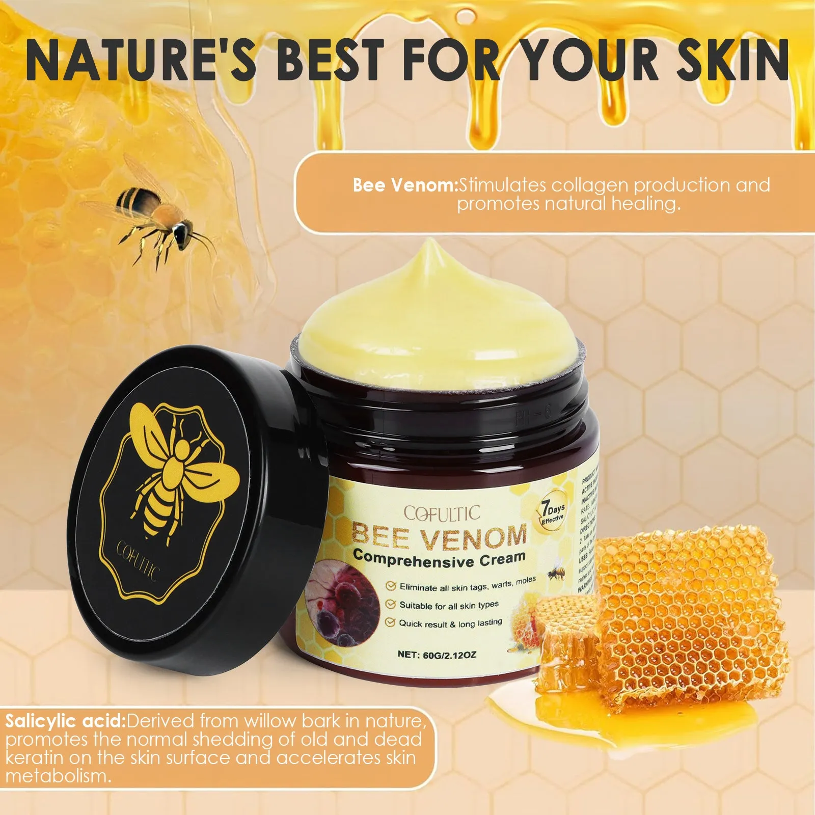 Cofutic 60g bee venom body cream in a small jar, gentle hydrating formula for daily use