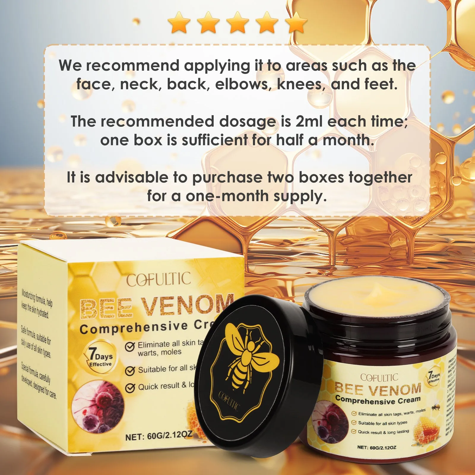 Cofutic 60g bee venom body cream in a small jar, gentle hydrating formula for daily use