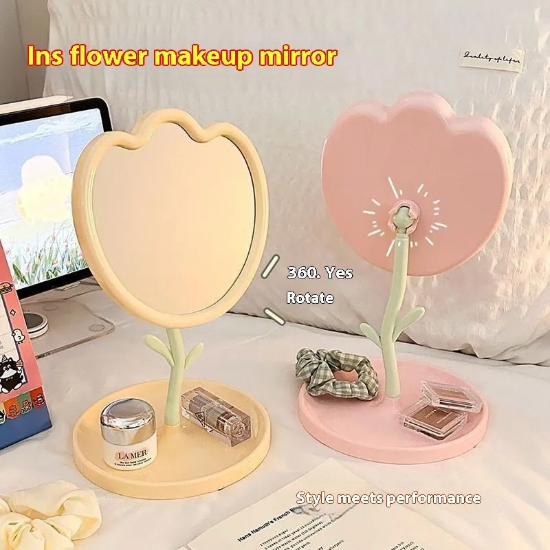 Tulip desktop vanity mirror with plastic frame and glass lens in pink colour, cartoon-style design