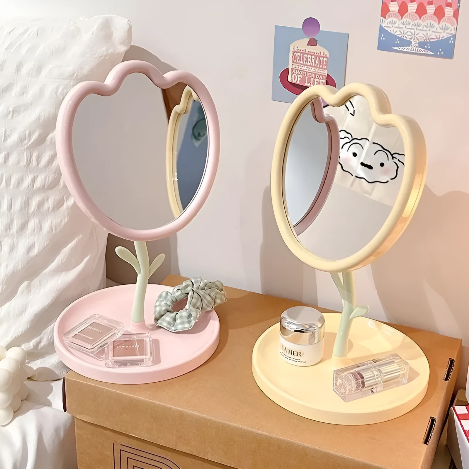 Tulip desktop vanity mirror with plastic frame and glass lens in pink colour, cartoon-style design