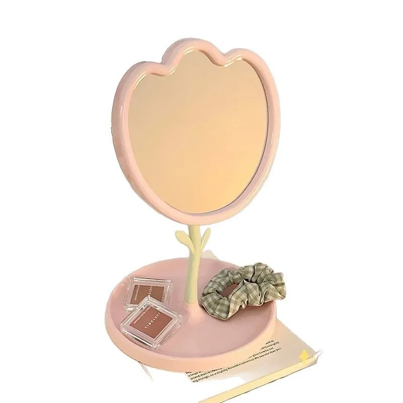 Tulip desktop vanity mirror with plastic frame and glass lens in pink colour, cartoon-style design
