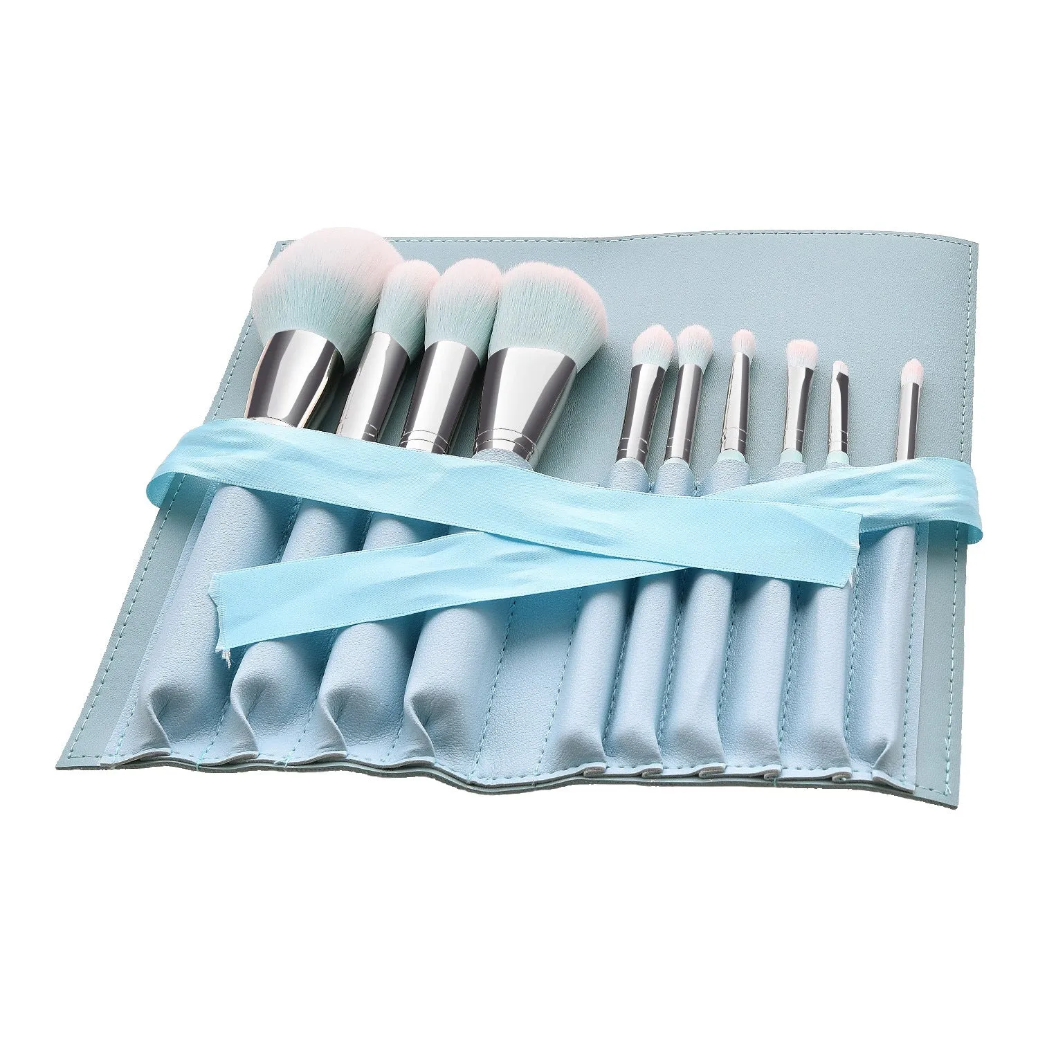 12-piece makeup brush set with light blue wooden handles and blue PU brush bag for foundation and eye shadow