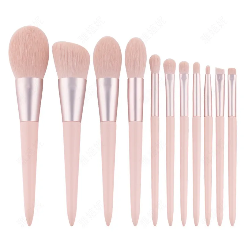 12-piece makeup brush set with light blue wooden handles and blue PU brush bag for foundation and eye shadow