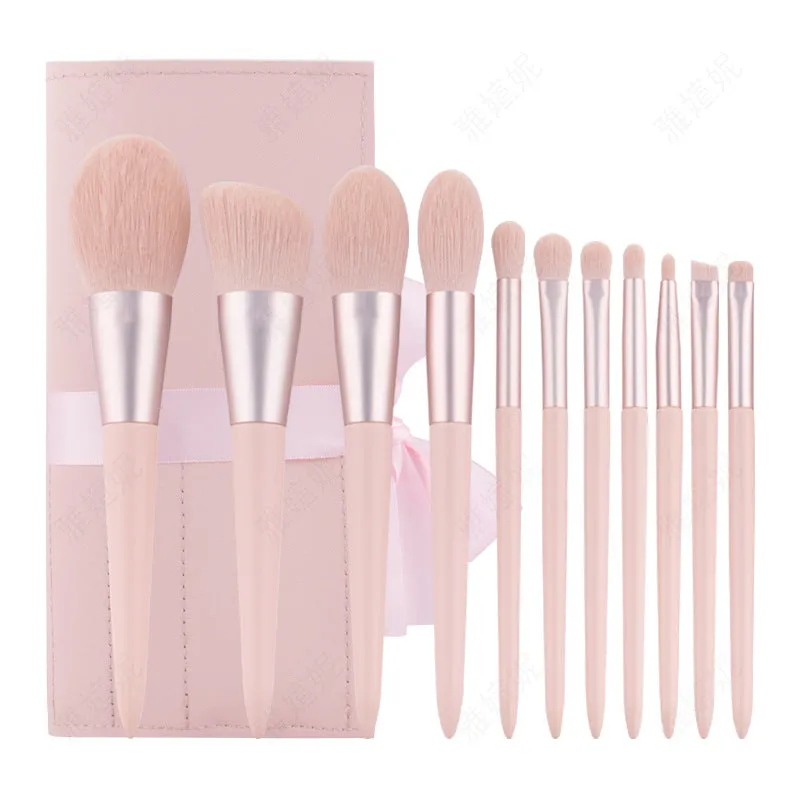 12-piece makeup brush set with light blue wooden handles and blue PU brush bag for foundation and eye shadow