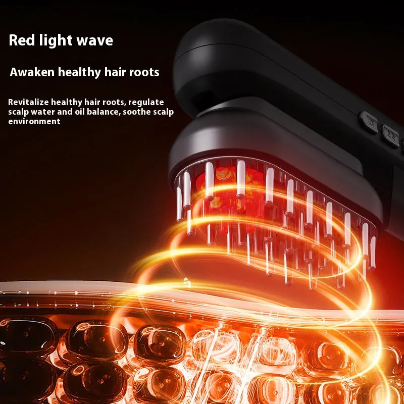Four-in-one red light EMS massage comb for scalp soothing in black and pink, 7.5cm x 7cm x 21.5cm