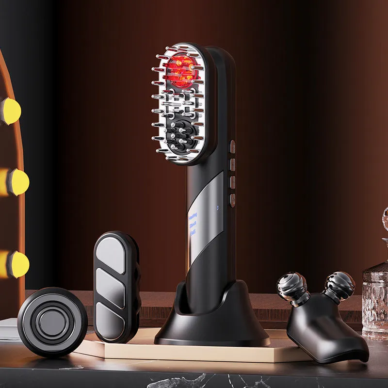 Four-in-one red light EMS massage comb for scalp soothing in black and pink, 7.5cm x 7cm x 21.5cm