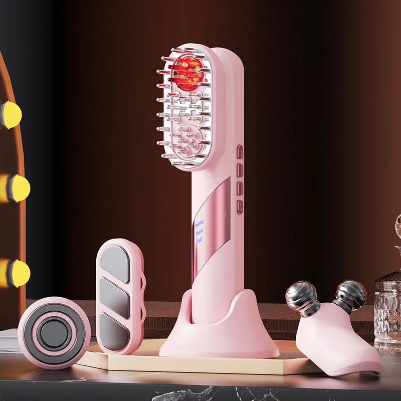 Four-in-one red light EMS massage comb for scalp soothing in black and pink, 7.5cm x 7cm x 21.5cm