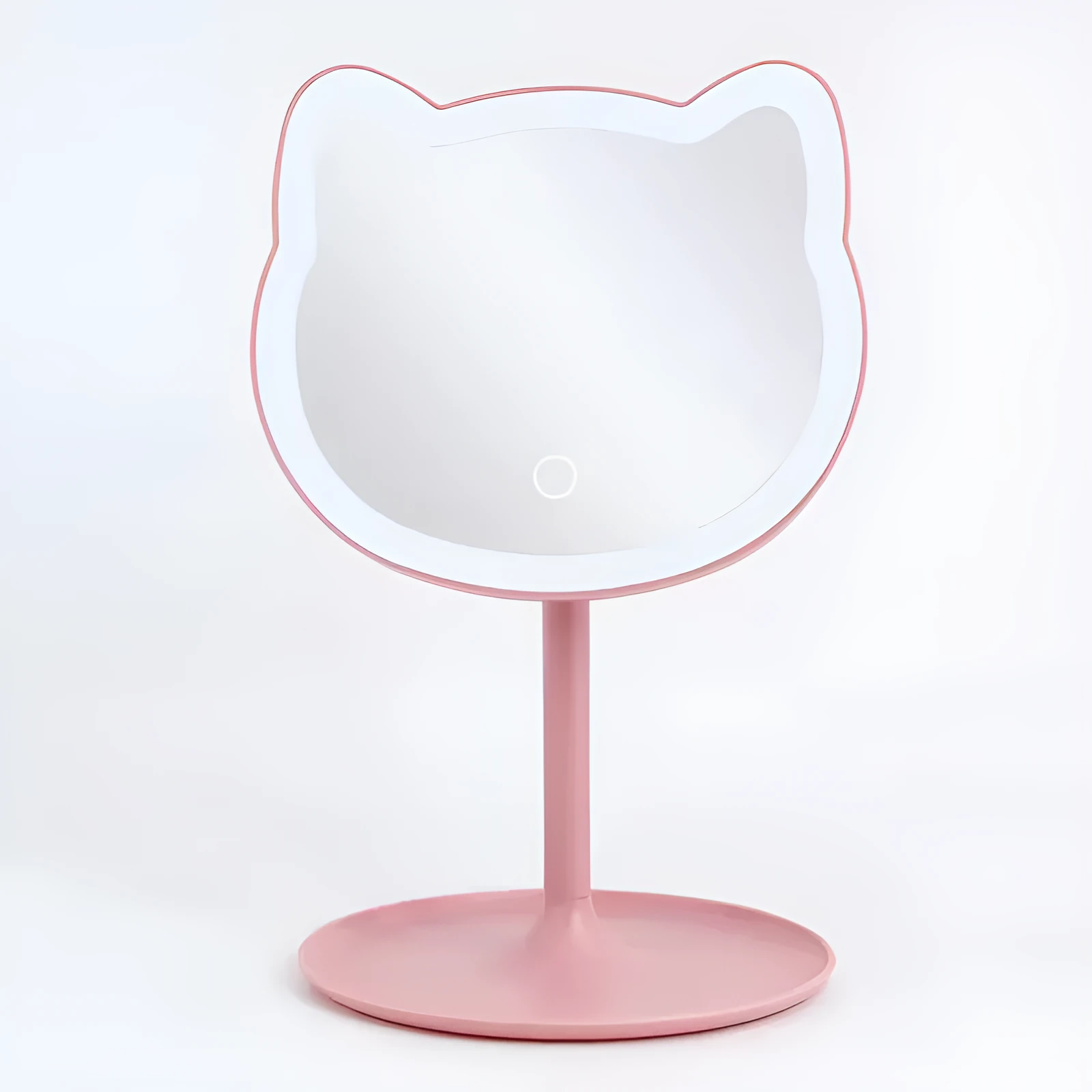 Pink rechargeable makeup mirror with fill light on a desk, ABS frame, aluminium mirror, size 14cm x 18cm