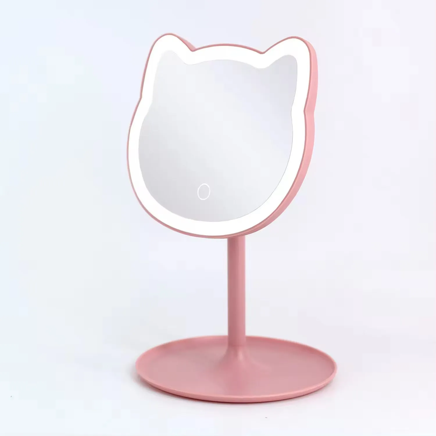 Pink rechargeable makeup mirror with fill light on a desk, ABS frame, aluminium mirror, size 14cm x 18cm