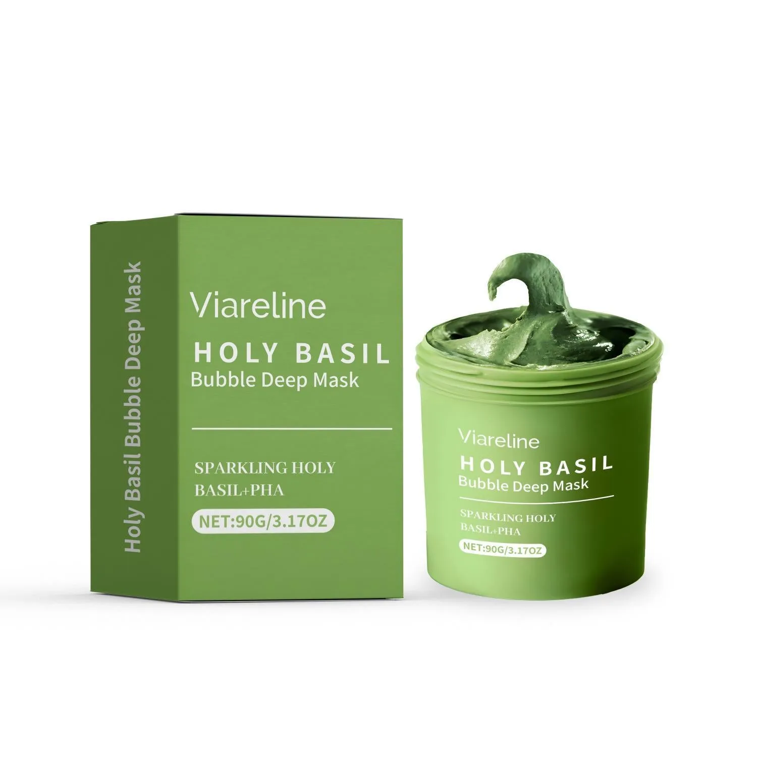Holy Basil Bubble Deep Mask clay mask with acne patches and beauty instrument set on white background