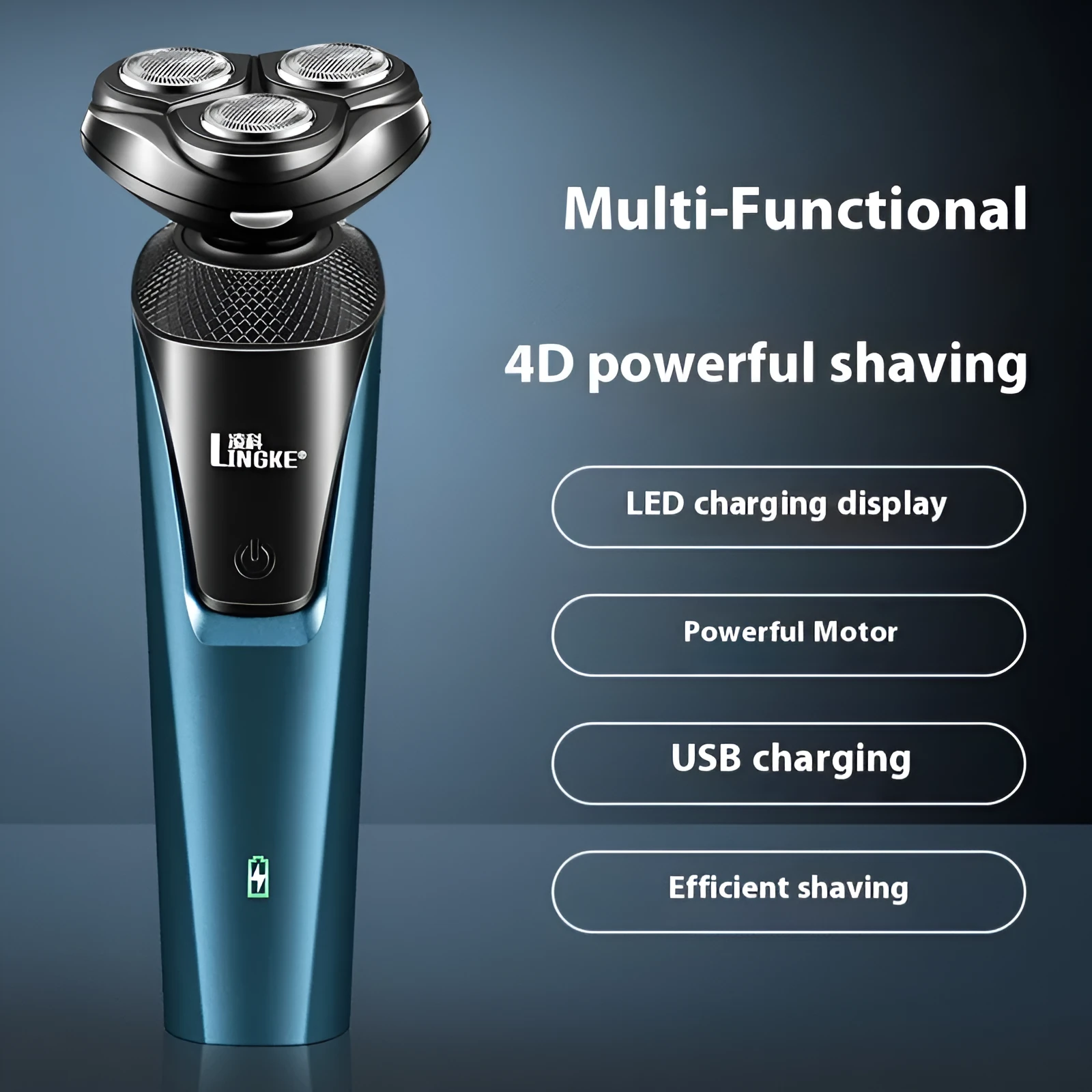 Blue and grey men's electric shaver three-in-one set with USB charging cable on white background