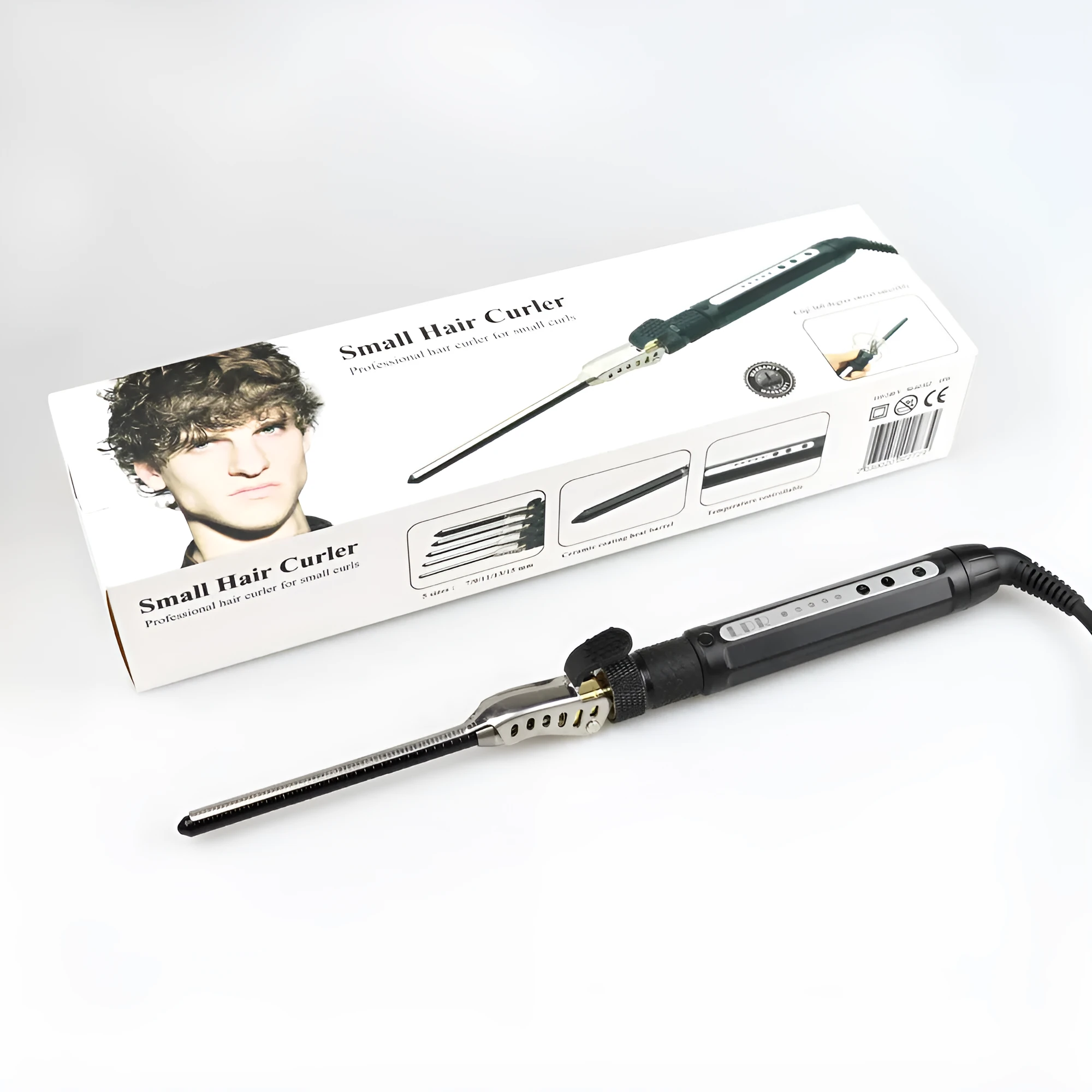 Small black 7mm rotatable clip hair curler with wired power cord
