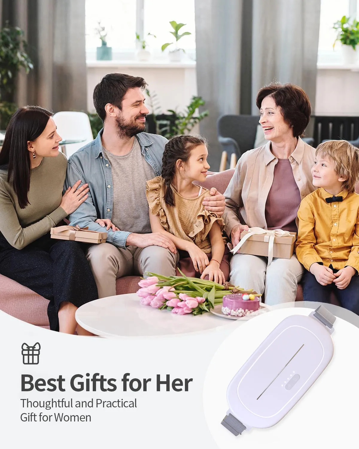 Handheld white silicone uterine warming device for menstrual pain relief with a single control button.