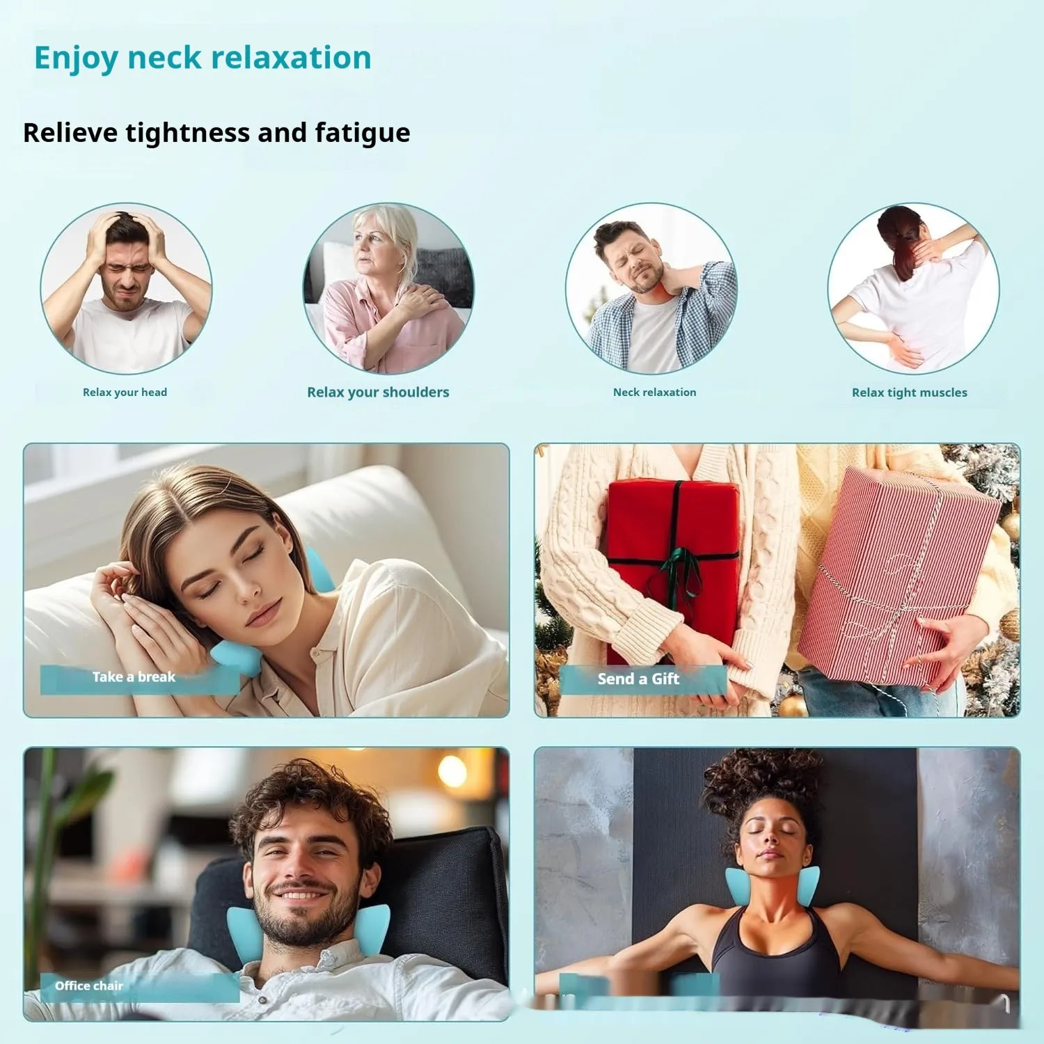 Blue PU leather sleep cervical traction pillow with infrared red light pulse functions, dimensions 230x200x130mm