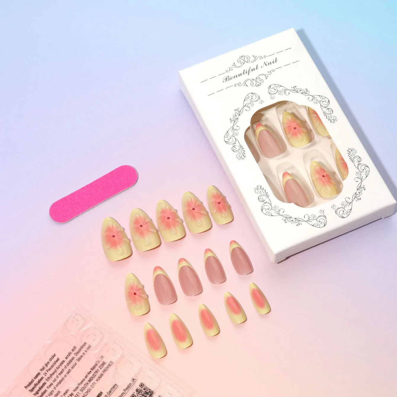 Set of plastic fake nails with raised cartoon flower designs, jelly glue, and a nail file on a pink background.