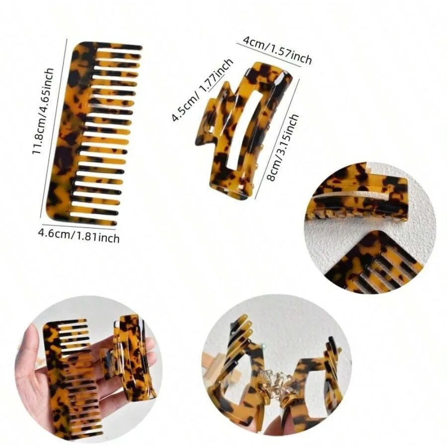 Acetic acid hair comb with wide teeth and matching holding clip in beige grain finish