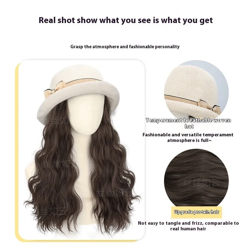 Hat wig with curly long hair in cold brown water ripple colour, high temperature fibre, summer style accessory for women