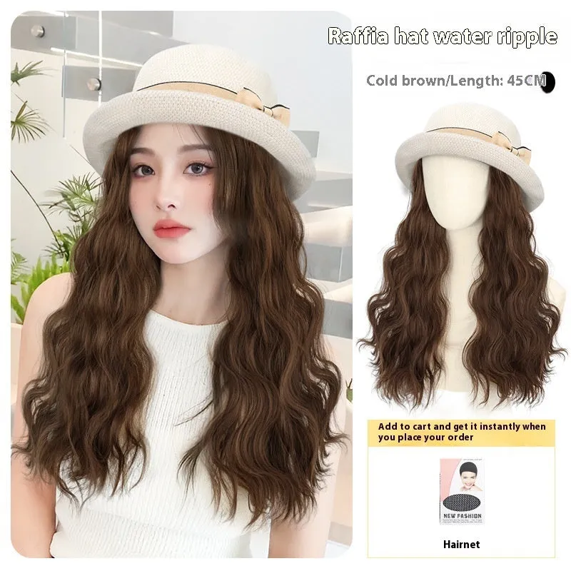Hat wig with curly long hair in cold brown water ripple colour, high temperature fibre, summer style accessory for women