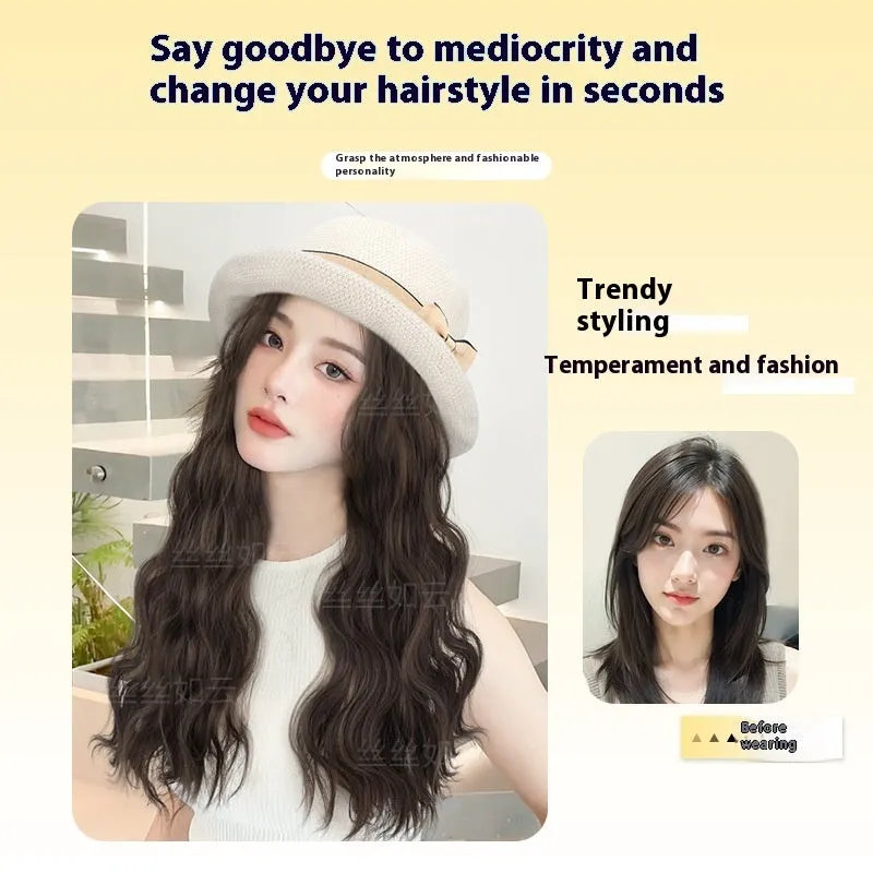 Hat wig with curly long hair in cold brown water ripple colour, high temperature fibre, summer style accessory for women
