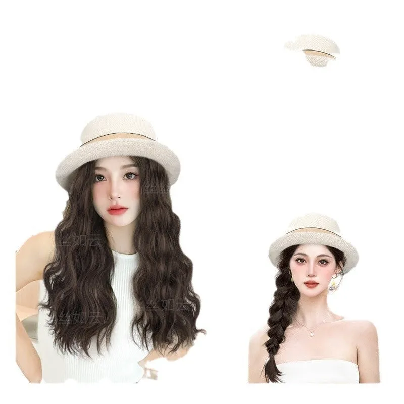 Hat wig with curly long hair in cold brown water ripple colour, high temperature fibre, summer style accessory for women