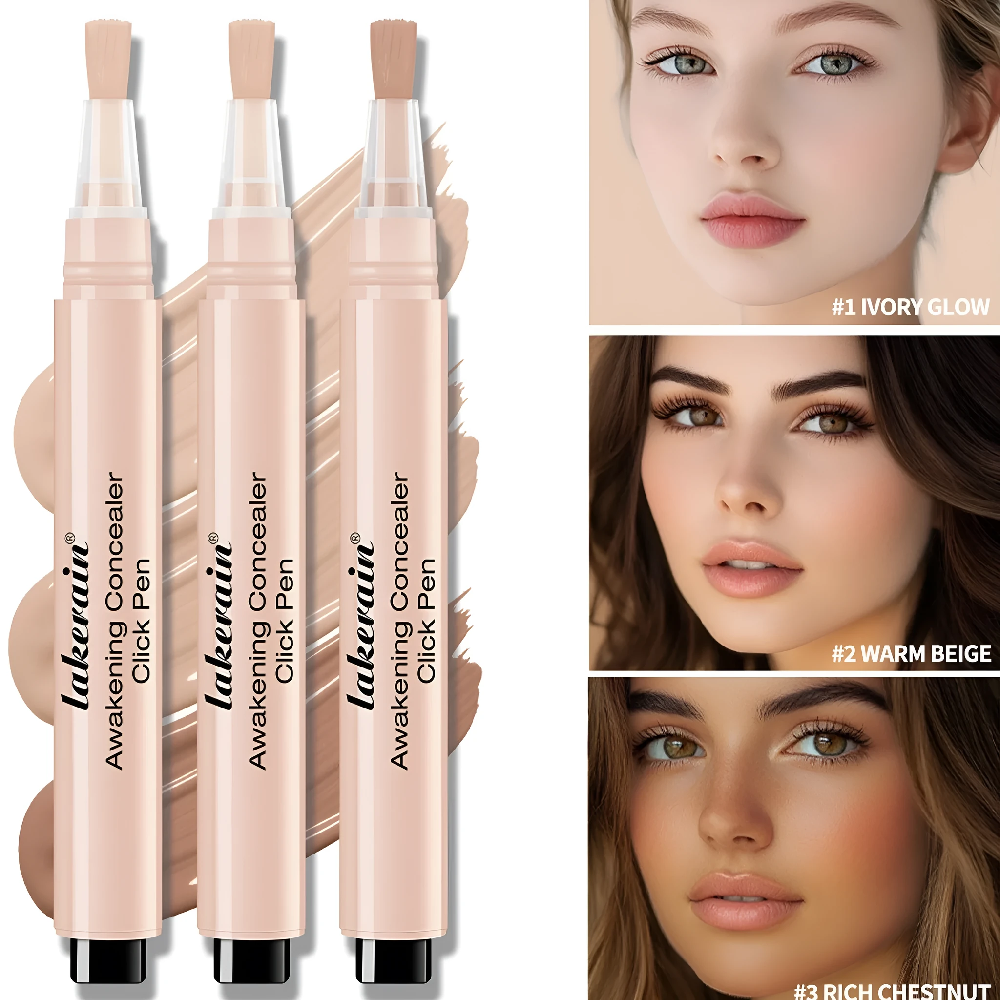 Brightening concealer pen in 18g with moisturising formula, available in three shades: Ivory Glow, Warm Beige, Rich Chestnut