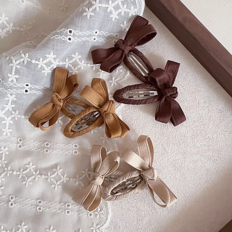 Children's cloth bow barrettes in deciduous colours red pink beige milk tea yellowish brown brown alloy clips