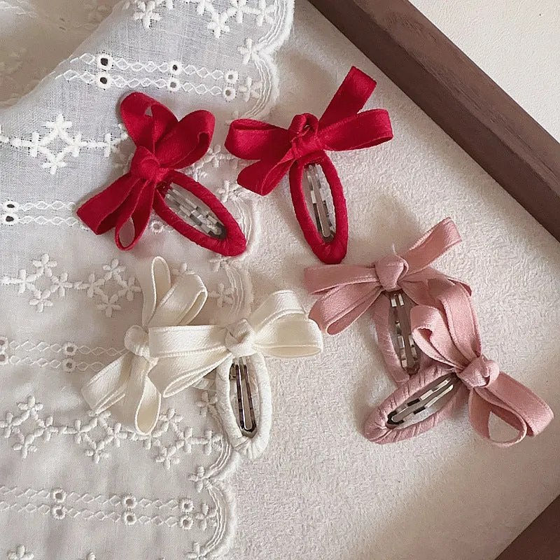 Children's cloth bow barrettes in deciduous colours red pink beige milk tea yellowish brown brown alloy clips