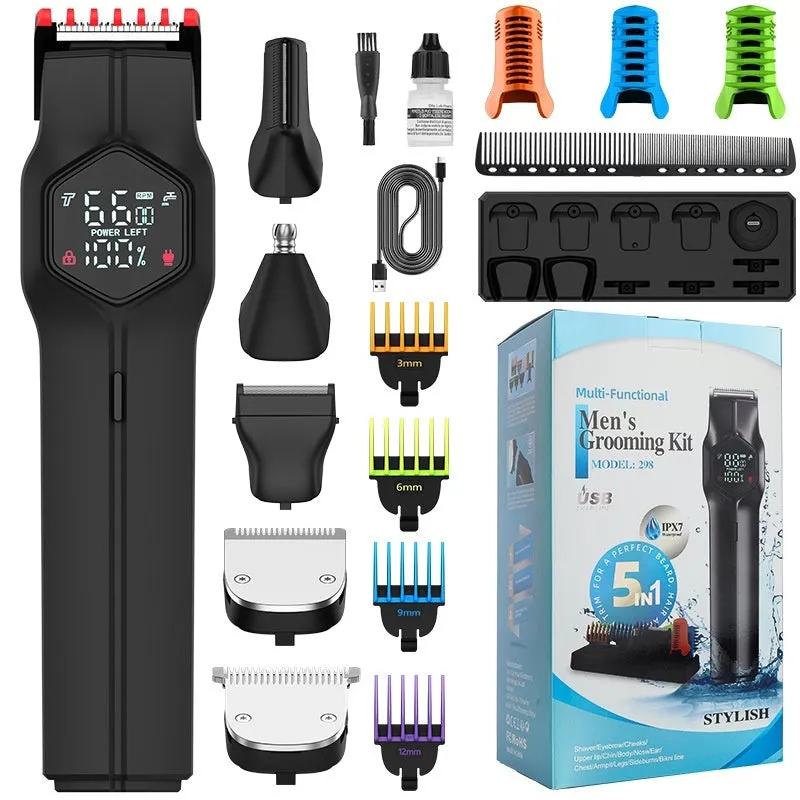 Five-in-one magnetic cutter head men's hair clipper suit with attachments, low noise, full wash, Style 1