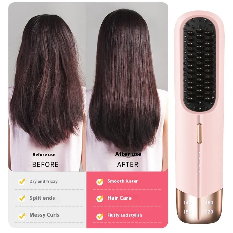 Portable wireless hair straightener curler dual-use in pink colour with cordless design for wet and dry hair