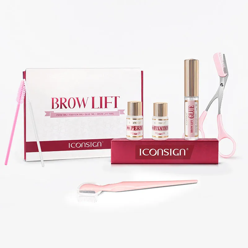 Pink eyebrow perm kit with scalding solution and tools for keratin treatments in suit-style packaging