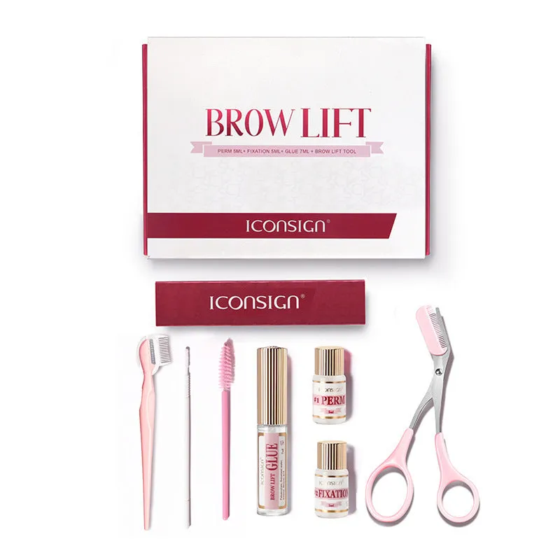 Pink eyebrow perm kit with scalding solution and tools for keratin treatments in suit-style packaging