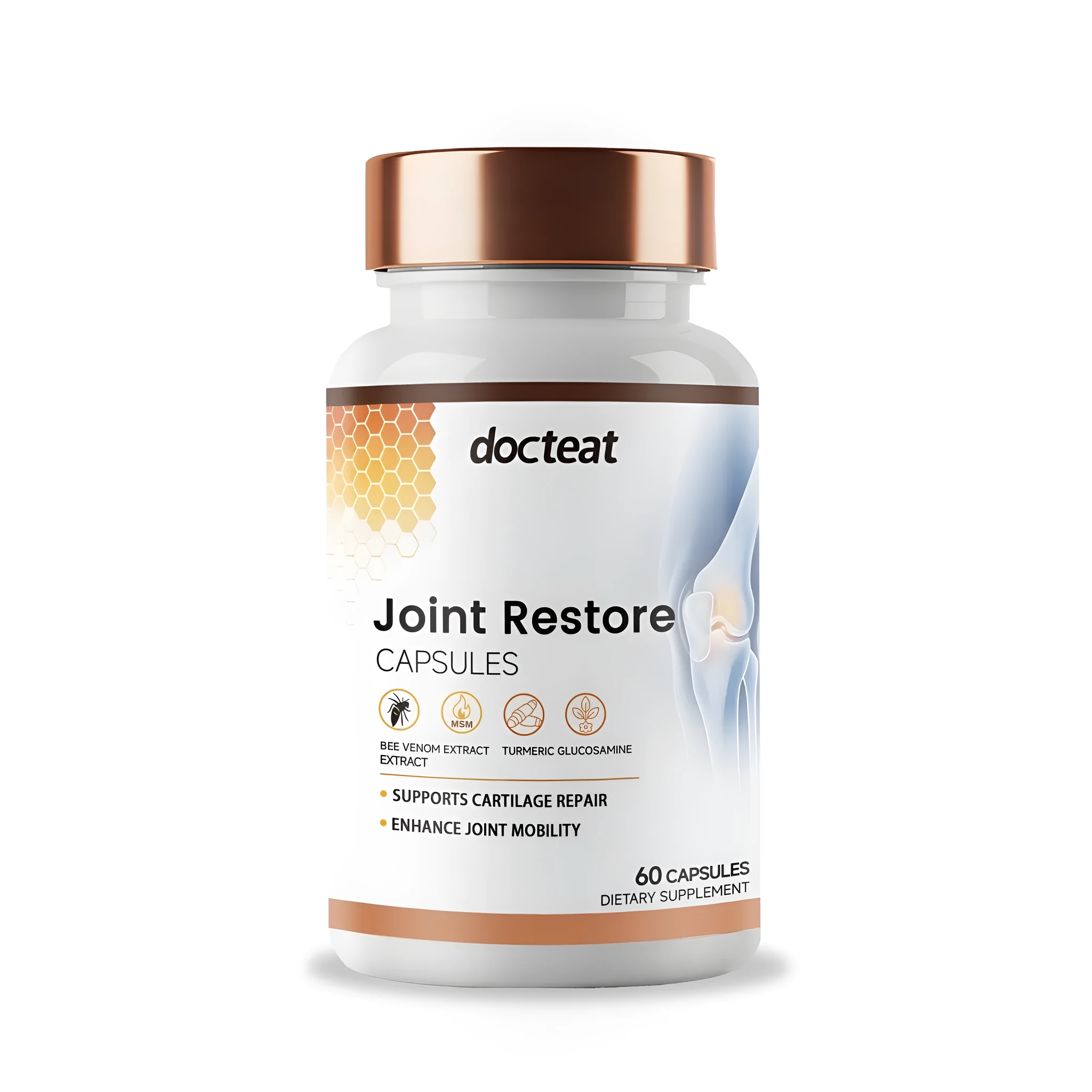 Bottle of Joint Restore Capsules containing 60 capsules with glucosamine, chondroitin, MSM, turmeric, black pepper, vitamin D3, and bee venom extract