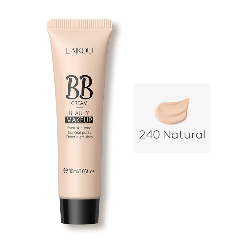 30ml tube of BB cream shown with swatches of its nine shades from light to dark.