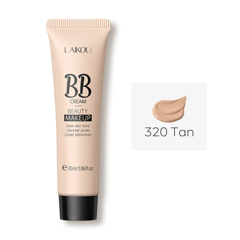 30ml tube of BB cream shown with swatches of its nine shades from light to dark.